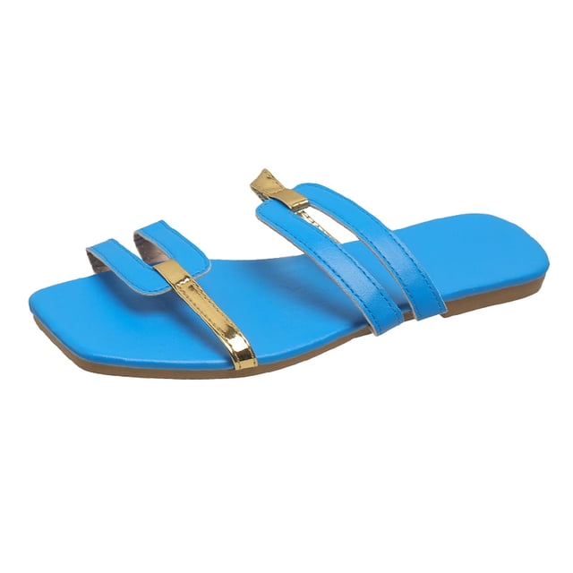 Women's Slip On Flat Sandals Fashion Square Open Toe Slides Lightweight Non Slip Color Blocking Slippers for Summer Blue Size 8