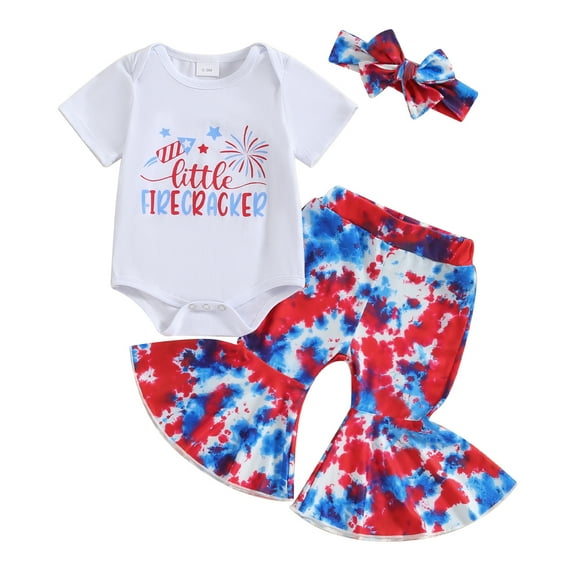 Aojekbee Baby Girl 3 Piece Outfits, Letter Print Short Sleeve Romper   Elastic Waist Tie Dye Flare Pants   Headband Toddler Summer Set