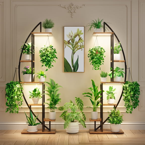 BECOKOME Plant Stand Indoor with Grow Lights, 6 Tier 63'' Tall Corner Plant Stand, 2 Pack Half Moon Metal Plant Shelf with Hooks for Home Living Room Patio