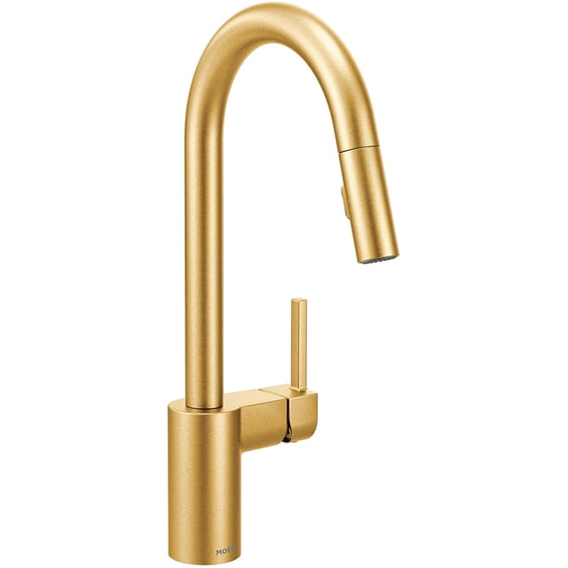 Grifo de Cocina Align Moen con Rociador Extraible Moderna 1 Manija Tecnología Reflex y Power Clean Dorado Cepillado Moen 7565BG