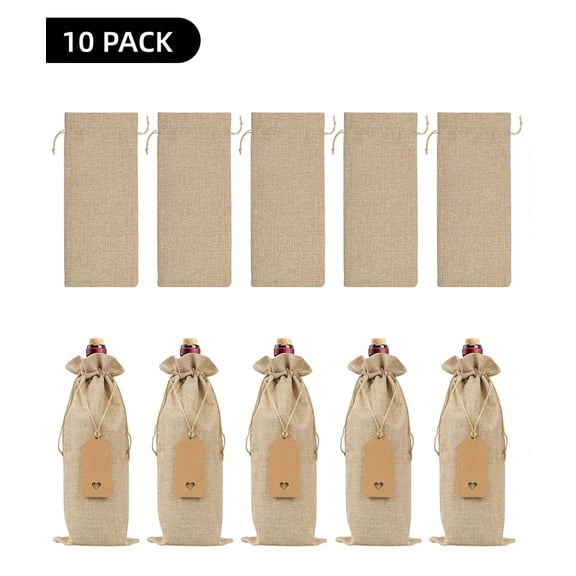 Burlap Wine Bags 10 Pcs Wine Bottle Gift Bags With Drawstrings Tags & Ropes, Reusable Gift Bag for Weddings, Holiday Party Birthdays, Christmas, Travel, Blind Tastings, Home Storage 750ml
