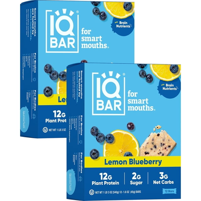 Brain and Body Plant Protein Bars - Wild Blueberry - 12-Count Low Carb - Gluten Free, High Fiber, Vegan Snacks - Low Sugar Meal Replacement