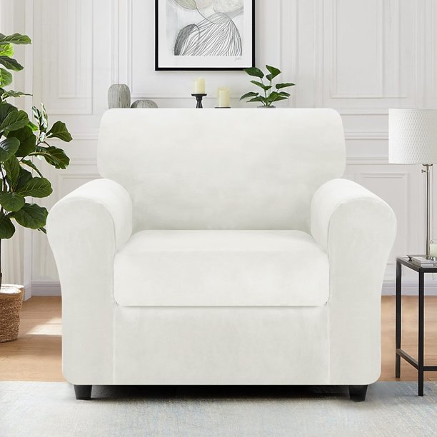 Subrtex Funda Sofá 2 Piezas Terciopelo Elástico con Funda de Cojín Separada (Blanco, Sillón)