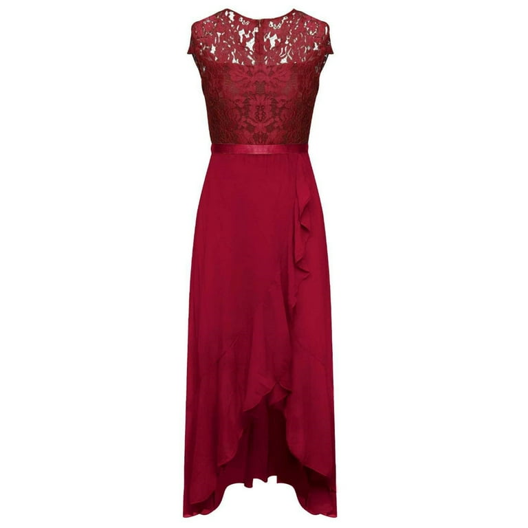 Elegant Burgundy Lace Evening Dress for Women, Short Sleeve V-Neck High Low  Formal Cocktail Party Gown with Ribbon Belt,Red L - Walmart.com