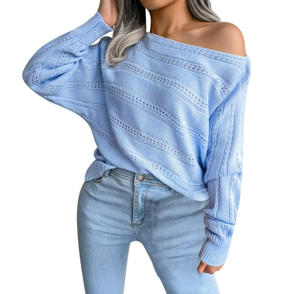 Hpapadks Sweaters for Women Trendy Fall Winter Off Shoulder Hollow Out Cable Knit Solid Casual Sweaters Cable Knit Sweater Women Blue L