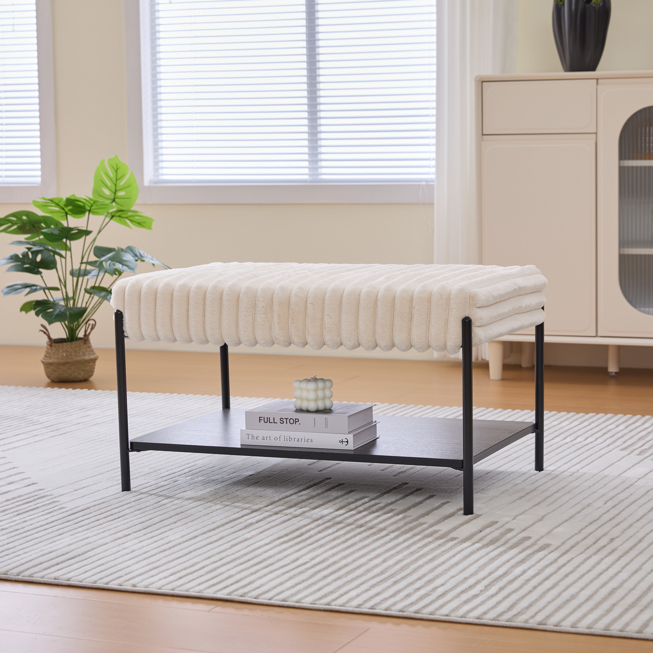 Noble House Belden 30.7" Faux Fur Ottoman Coffee Table, Foot Rest with Black Metal Legs & Open Storage Shelf, Beige