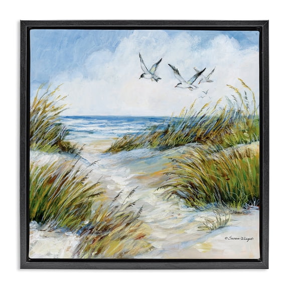 Stupell Industries Tropical Beach Path Seagulls Overhead Black Floating Frame Canvas Art, 18 x 18, by Susan Winget