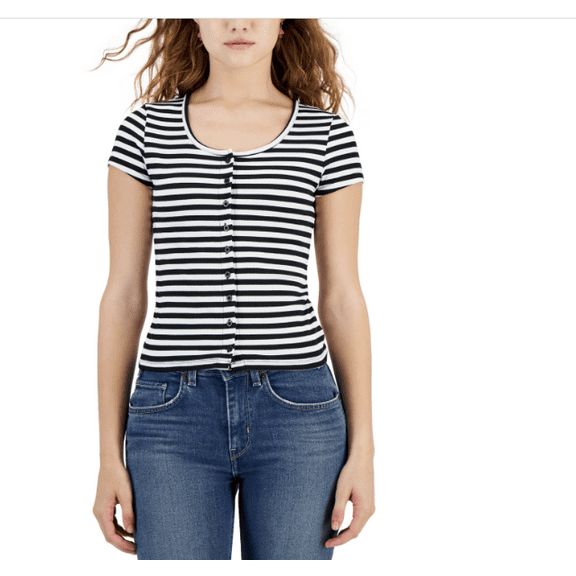 Just Polly Juniors' Printed Button-Front T-Shirt - Black/White