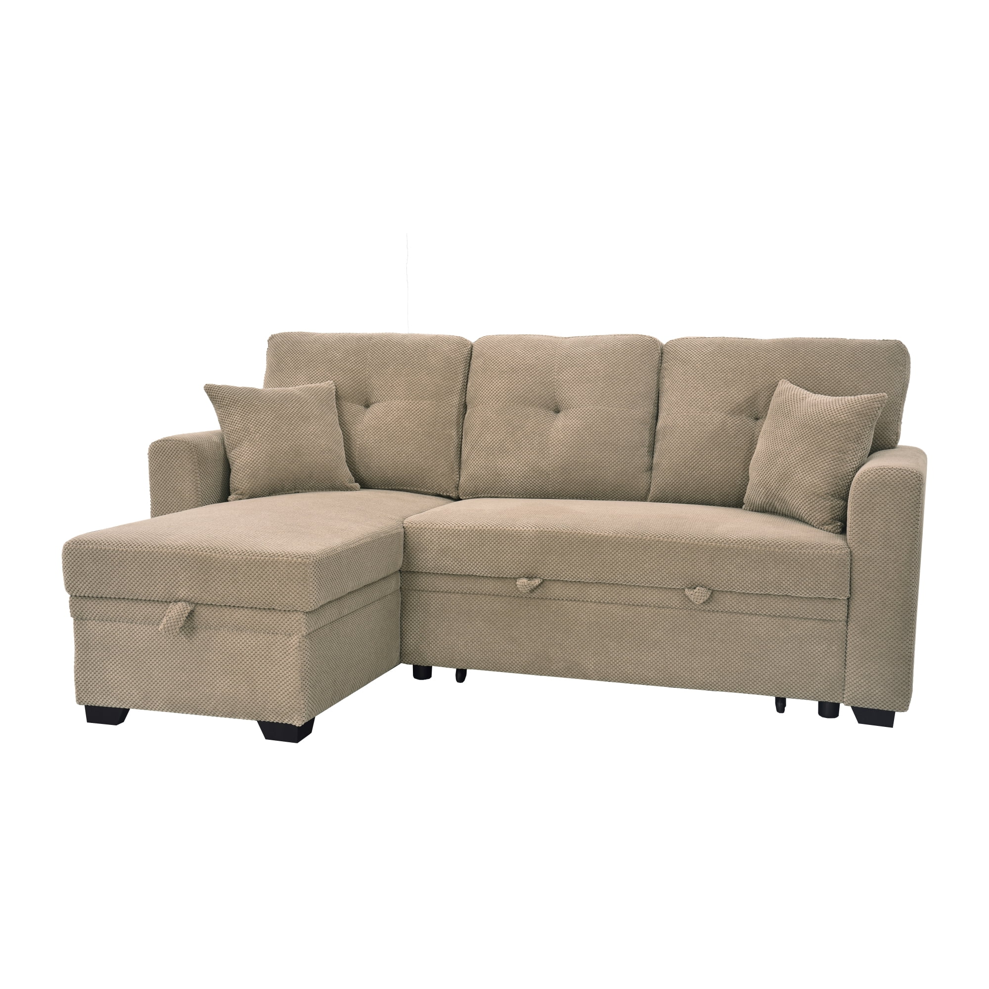 Leumius L Shaped Sectional Sofa with Pull Out Bed and Storage Chaise, 3 Seater Sectional Couch Convertible Sofa Bed for Small Space, Apartment & Guest Room, Camel