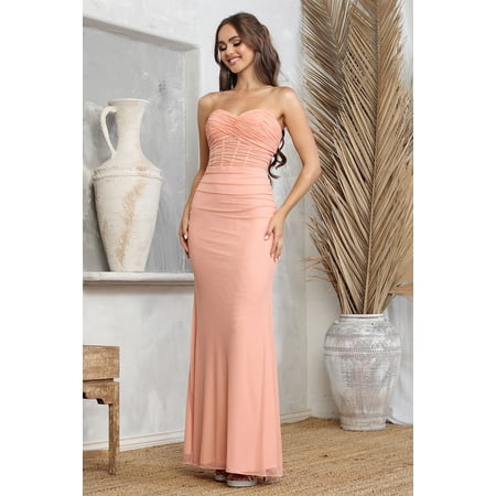 Women's Adora Design 3228 Strapless Stretch Bodycon Mesh Fitted Long Prom 2026 Gown Rose Pink Size L