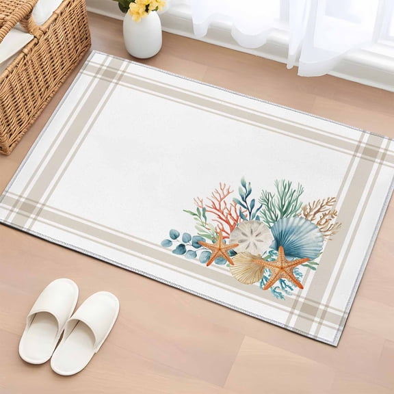Entryway Rug 2'x3', Coastal Starfish Small Rug for Kitchen Bathroom Door Mat Indoor Entrance, Nautical Shells Coral Eucalyptus Stripes Non-Slip Area Rugs Floor Mats Carpet Front Door Rugs