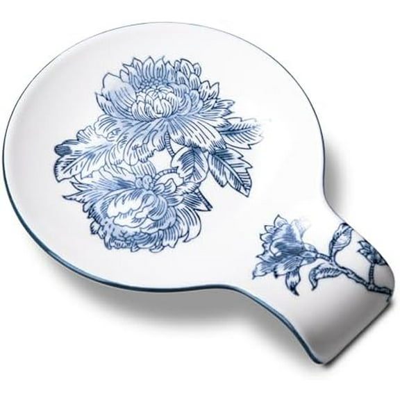 Porcelain Spoon Rest, 5.5" Ceramic Spoon Holder for Stove Top and Kitchen Counter, Blue and White Utensil Rest with Flowers and Branches, Vintage Kitchen Decorative
