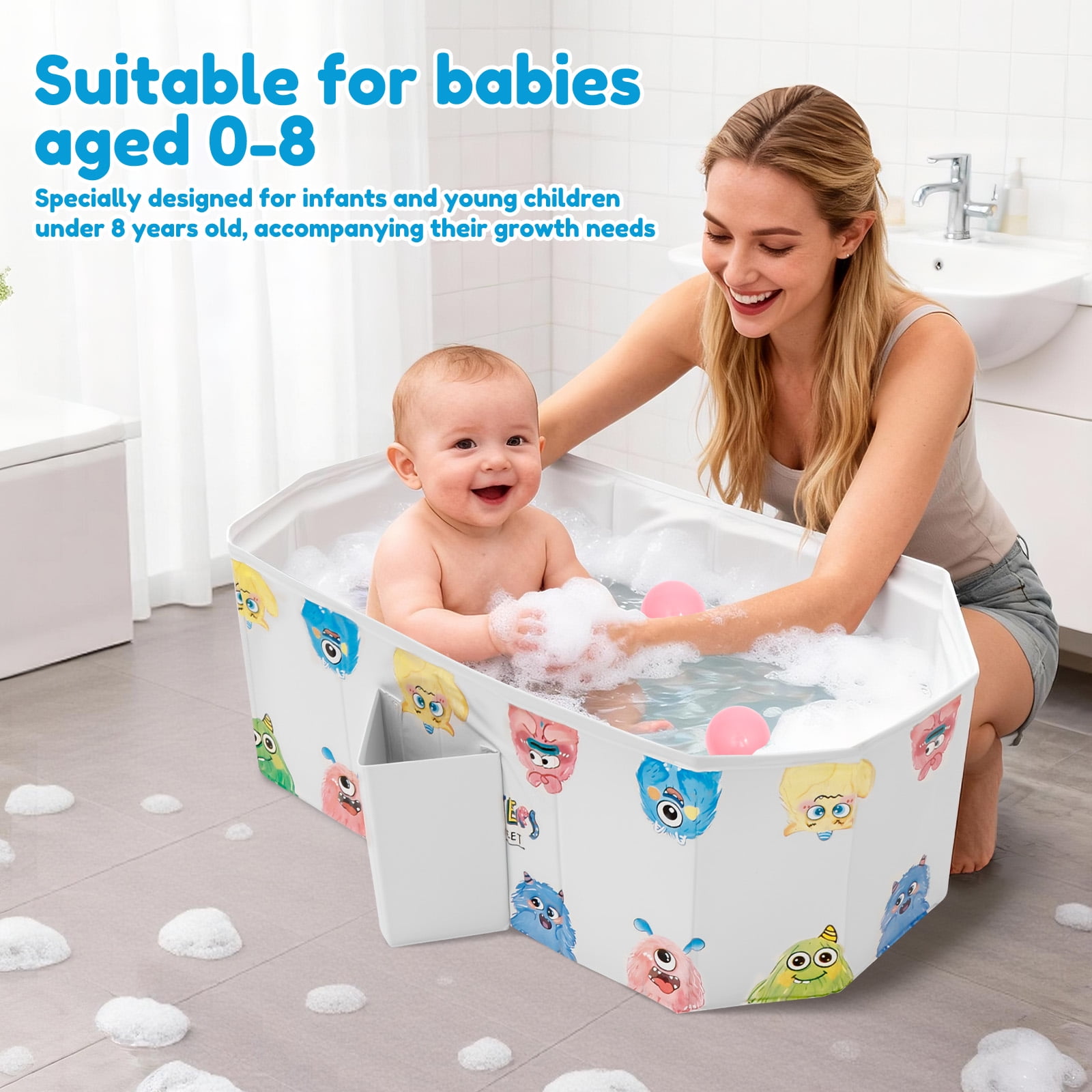 Austok Foldable Bathtub for Children Multifunctional Portable Bath Tub Large Toddler Bath for Age 0-8 All in One Design with Drain Plug
