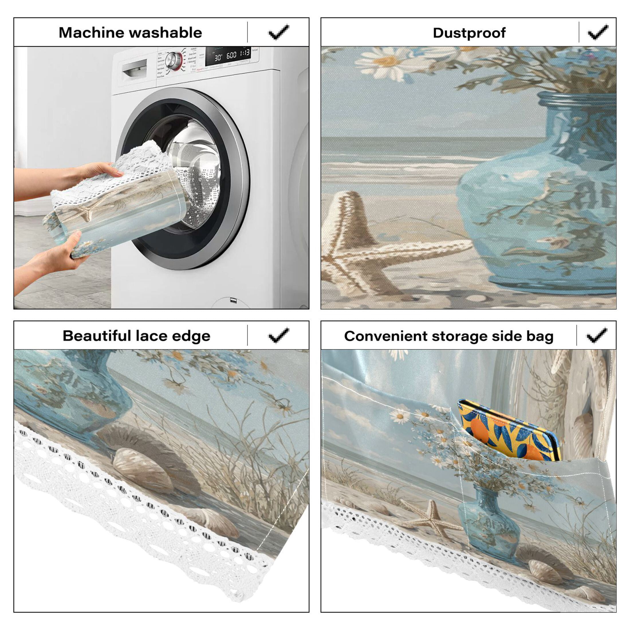 Wobogo Seaside Flowers Washing Machine Cover Dustproof Washer Dryer Cover Waterproof Laundry Room Decorative Protector