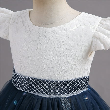 

nsendm Kids Toddler Baby Girls Spring Summer Print Ruffle Short Sleeve Princess Dress Dresses for Girl Party Wedding Dress Navy 3-4 Years