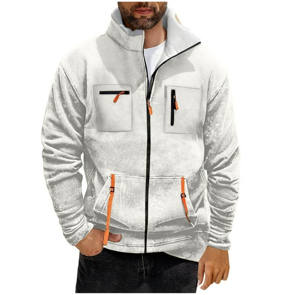 LMOIPLI Mens Winter Fleece Jackets Stand Collar Full Zip Comfy Coats Casual Outdoor Work Thermal Warm Outwears with Pockets White S
