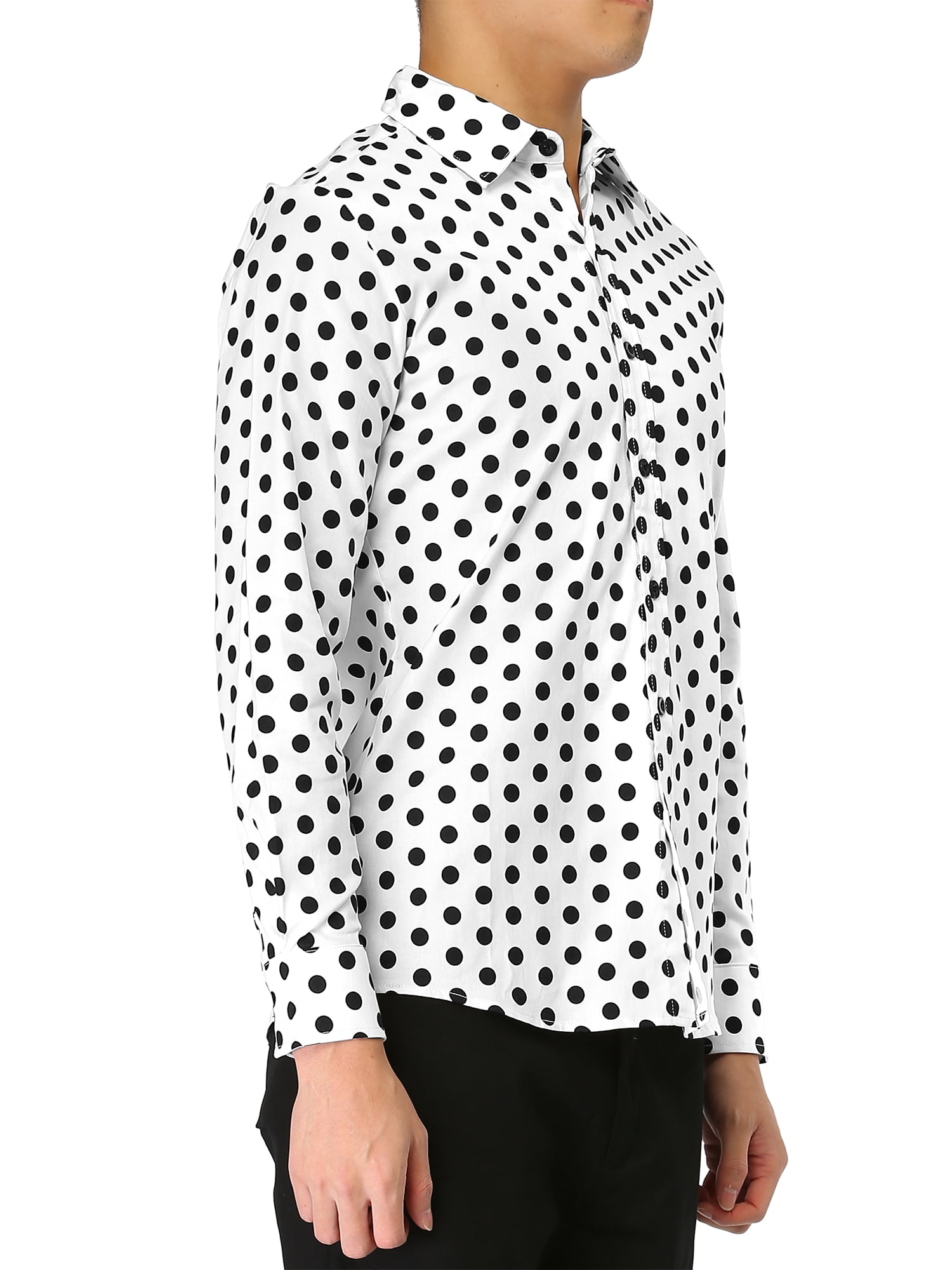 Unique Bargains Men's Long Sleeve Button Slim Polka Dots Shirt 42 White