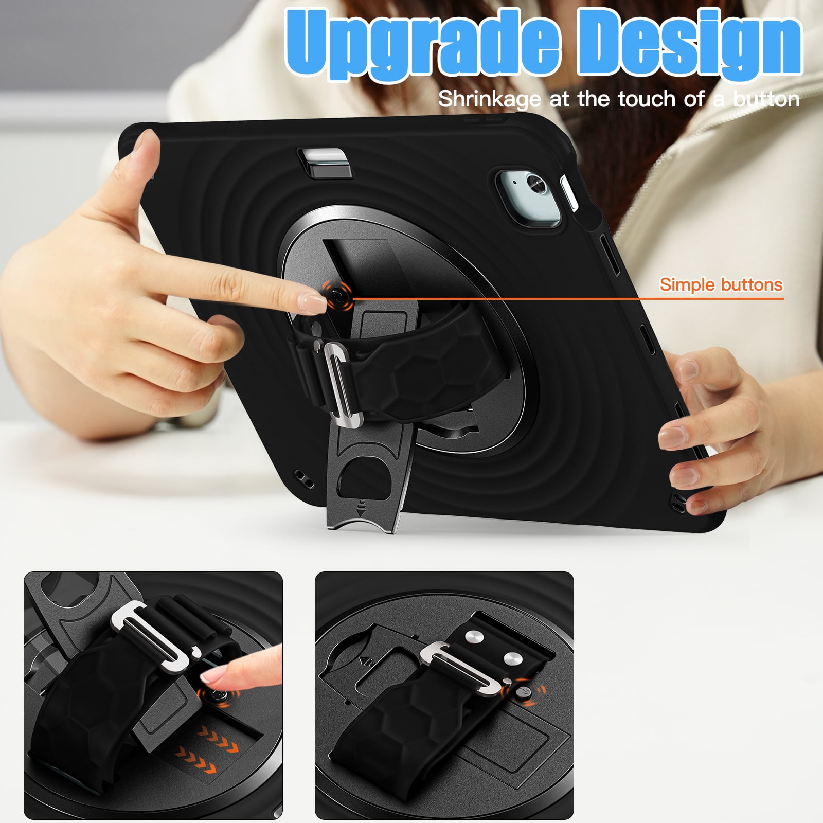 for iPad Air 13" 2025/2024 Case, Durable Sturdy Protection Case with Rotation Stand, Portable Hand Strap and Shoulder Strap Pencil Holder, Heavy Duty Shockproof Anti-Drop Cover, Black