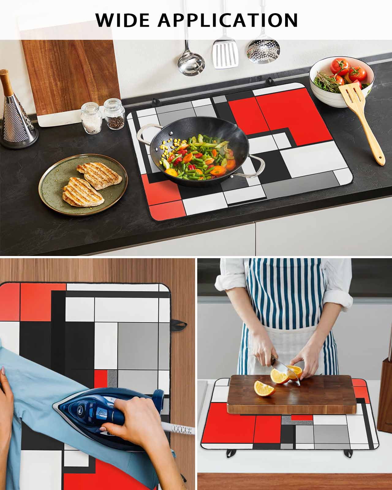 nqOlkjepod Large Induction Cooktop Protector Mat 36"x21", Black Red Geometric Stove Top Covers for Electric Stove, Red White Abstract Art Modern Stove Burner Cover Mats, Glass Top Stove Cover