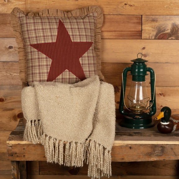 VHC Brands Dawson Star Appliqued Cotton Rustic Farmhouse Bedding Square 18x18 Filled Pillow Ruffled Red