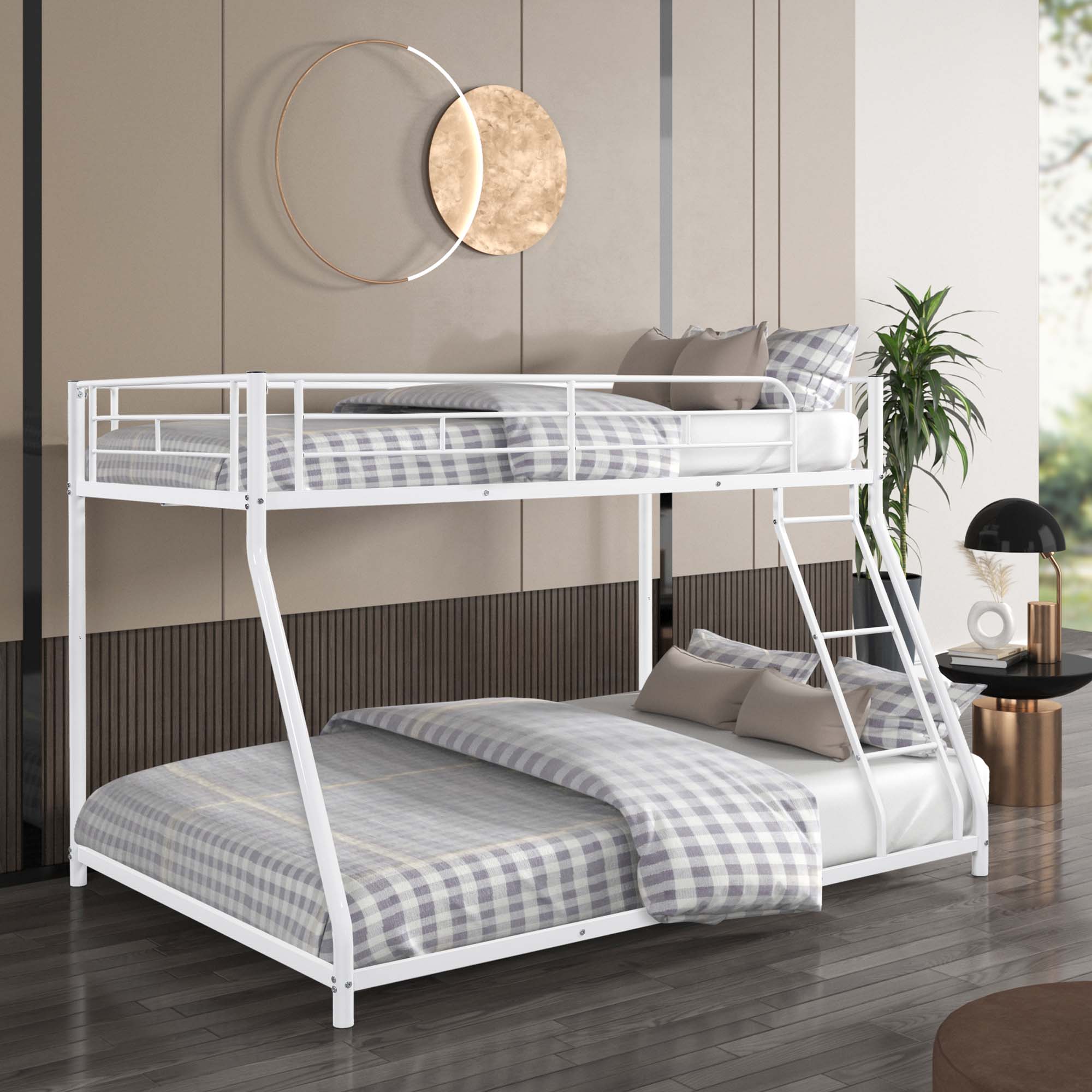 Aukfa Twin-Over-Full Bunk Bed, Heavy Duty Metal Low Bunk Bed for Kids Teens Dorm - White
