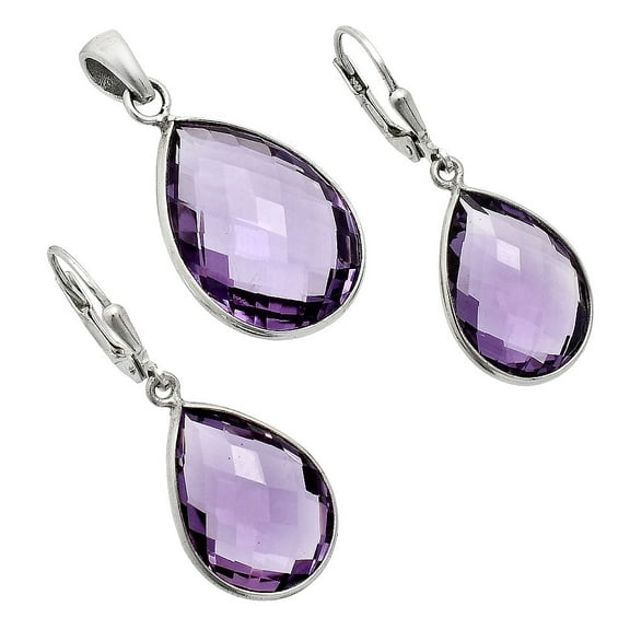 Amethyst Briolette 925 Silver Pendant Earrings Jewelry Set