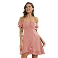 thumbnail image 2 of Liacowi Women Sexy Off Shoulder Mini Dress Puff Short Sleeve Low Cut Short Dress Ruched Ruffle Pleated Party Dress, 2 of 7