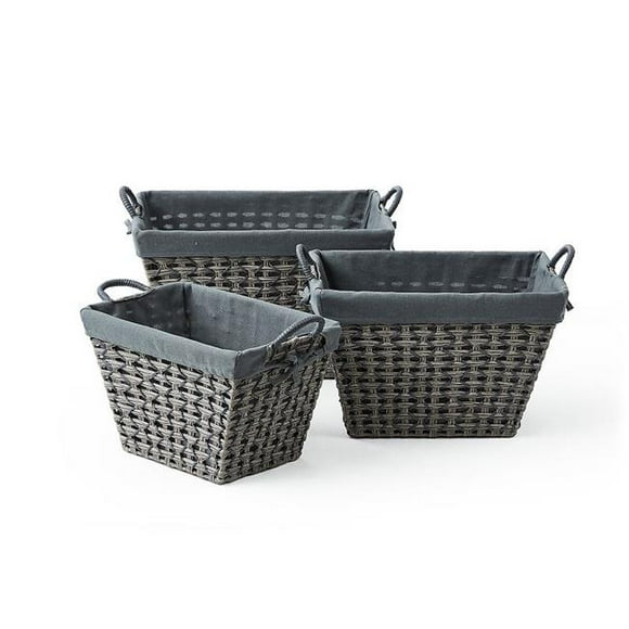 Baum 21A275K Tapered Rectangular Storage in Open Weave Basket with Ear Handles & Overlap Lift-Off Liner - Set of 3