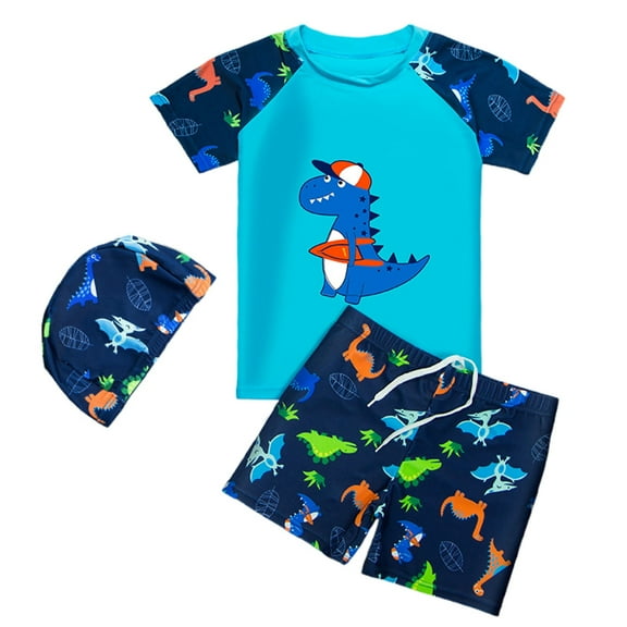 RUTAYY Toddler Swimsuit Boy 3PCS Swimwear Set Short Sleeve Boys Swim Shirt Swim Trunks Cartoon Rash Guard Bathing Suits Beach Vacation Brazilian Beachwear, 7-9 Years