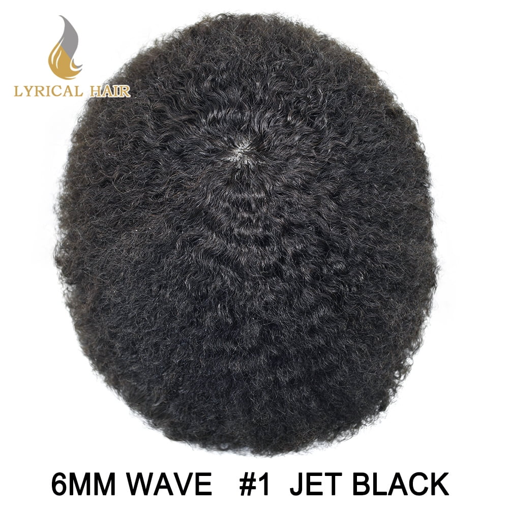 Lyricalhair Toupee for Men 6MM Kinky Curly Hairpieces for Man Brazilian Human Hair Replacement System Full PU Hair Units for African American Mens Wig Male Hair Prosthesis #1 Jet Black