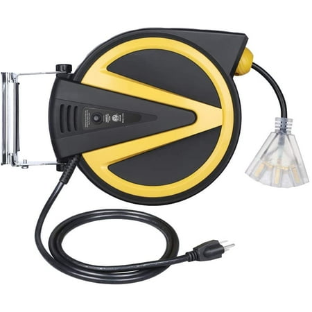 

JSTCL Retractable Cord ReelNew Slow Auto Return Technology50FT-Heavy Duty Electric Cord Reel14/3AWG SJTWLighted Triple Tap Outlets13 Amp Circuit BreakerCeiling/Wall MountETL Listed