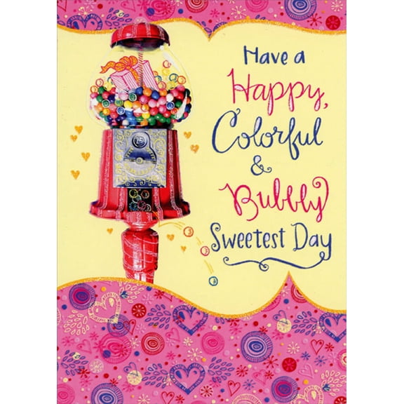 Designer Greetings Pink Striped Present Inside Bubble Gum Machine Sweetest Day Card