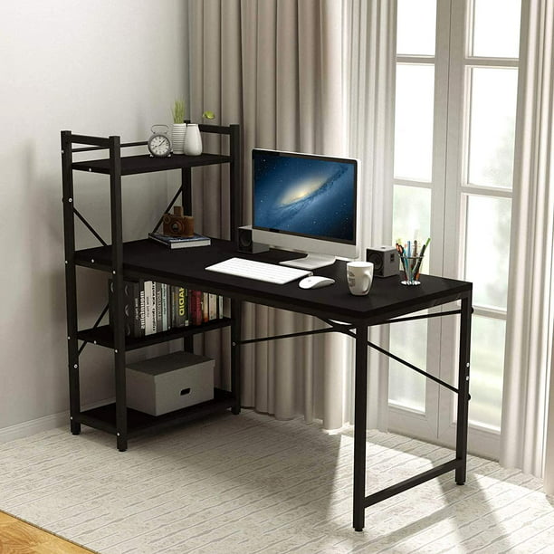 Tower Computer Desk With 4 Tier Storage, Small Black Computer Desk With Shelf For Printer