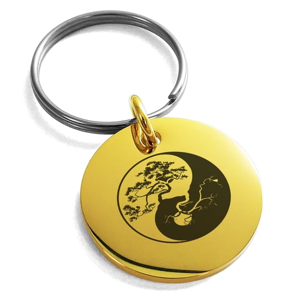 Stainless Steel Bonsai Tree Yin Yang Engraved Small Medallion Circle Charm Keychain Keyring