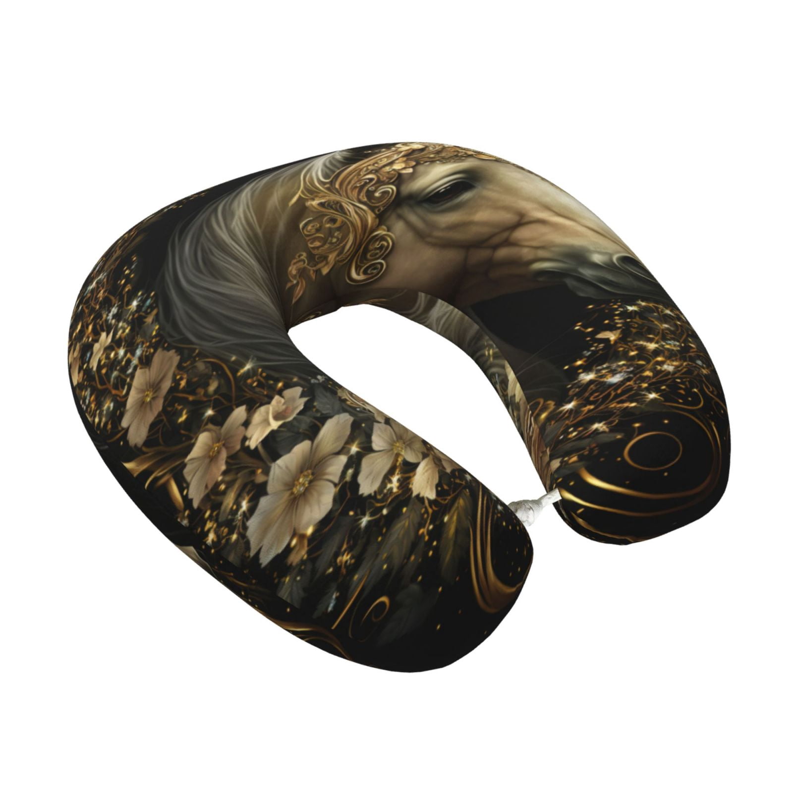 Xecao Palatial Gold Pattern Horse Print Memory Foam Cervical Neck Pillow Versatile U-Shaped Pillows for Home,Office,Camping,Travelling,Soft Washable Cover