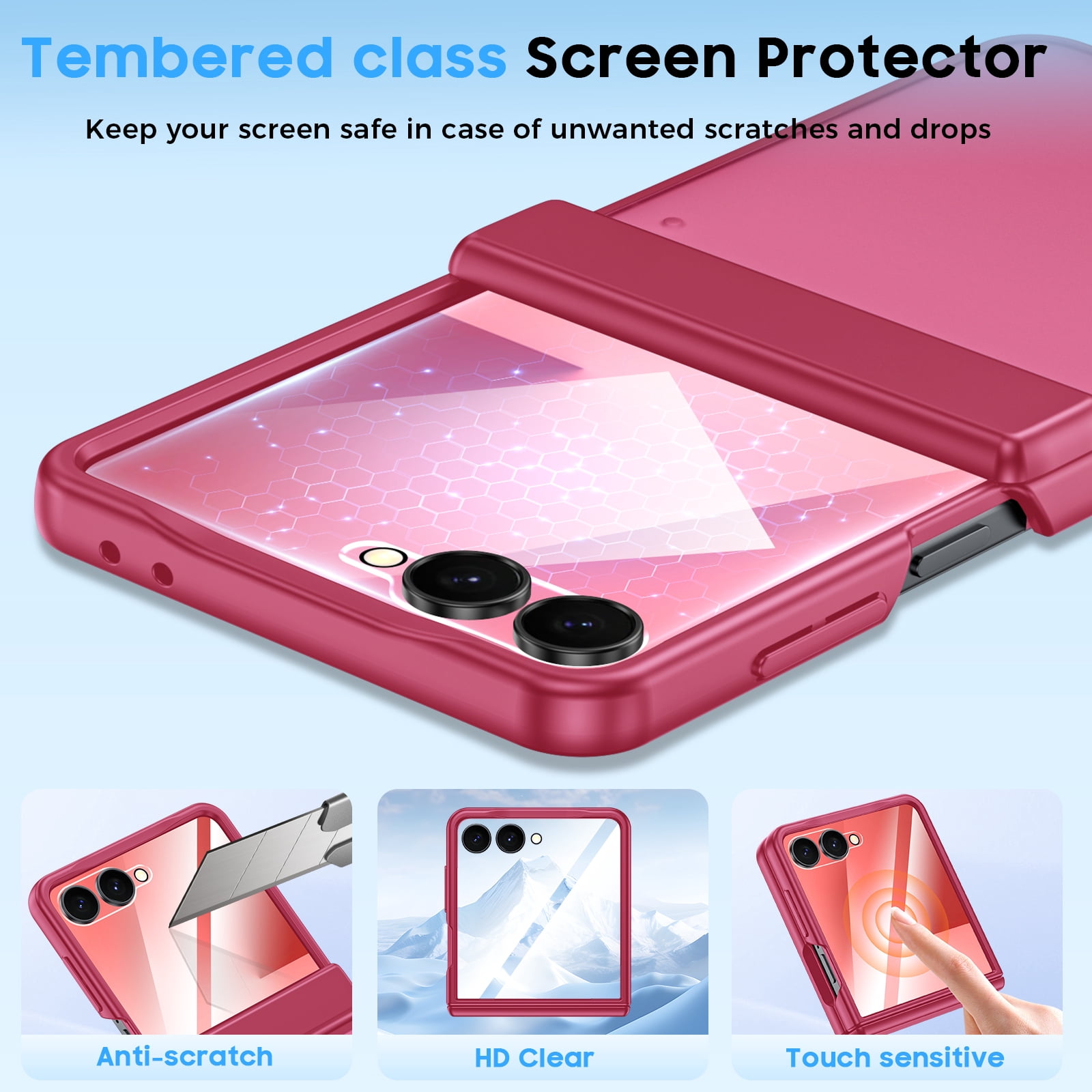 Vizvera for Samsung Galaxy Z Flip 7 Case with Hinge Protection,Screen Protector,Ultra-Thin Skin Feel Translucent Frosted, Wireless Charging,Shockproof Cover-Rose Red