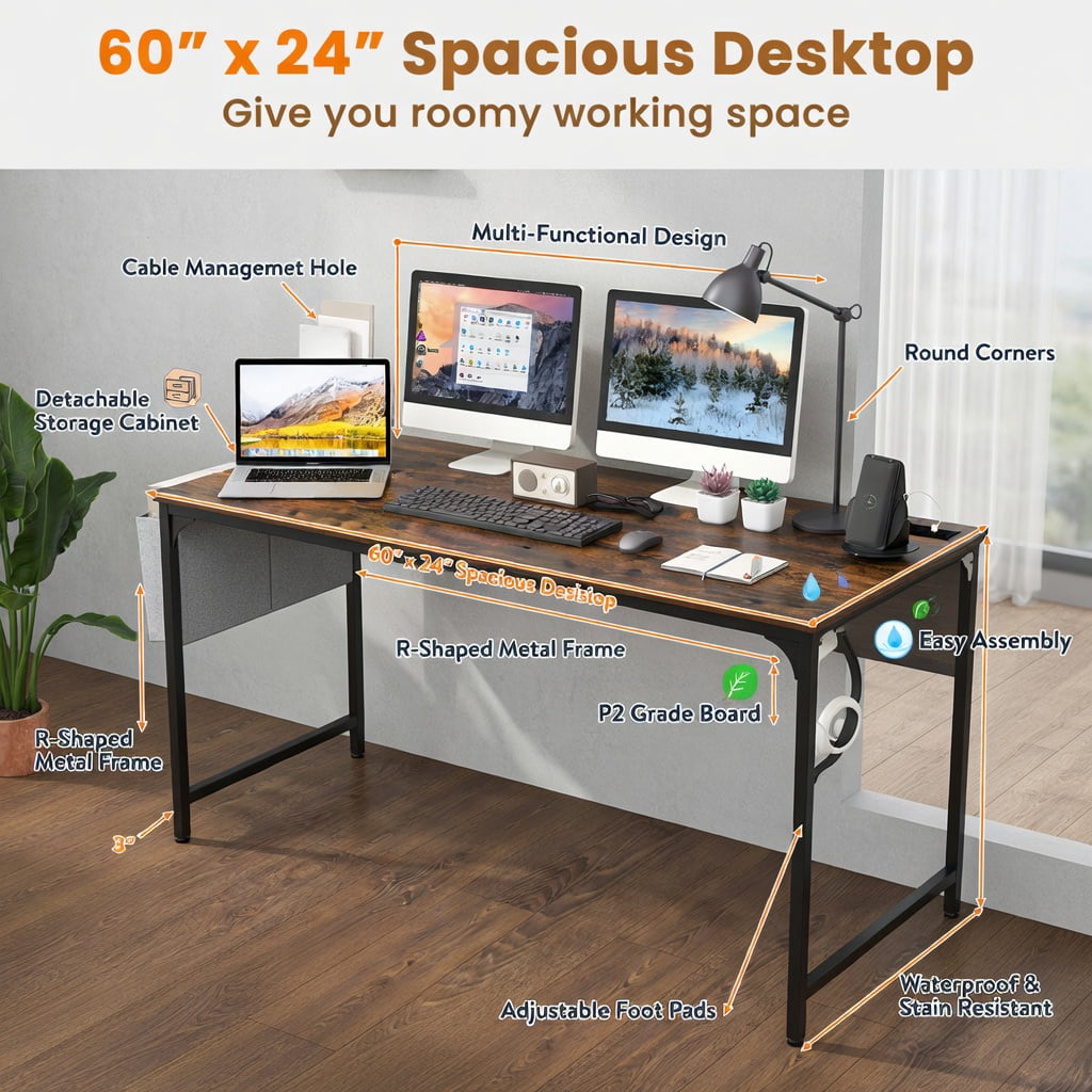Yardi Yard 60 Inch Computer Desk with Charging Station Storage Bag-Rustic Brown, Computer Desk, Gaming Computer Desks for Study,Working,Writing