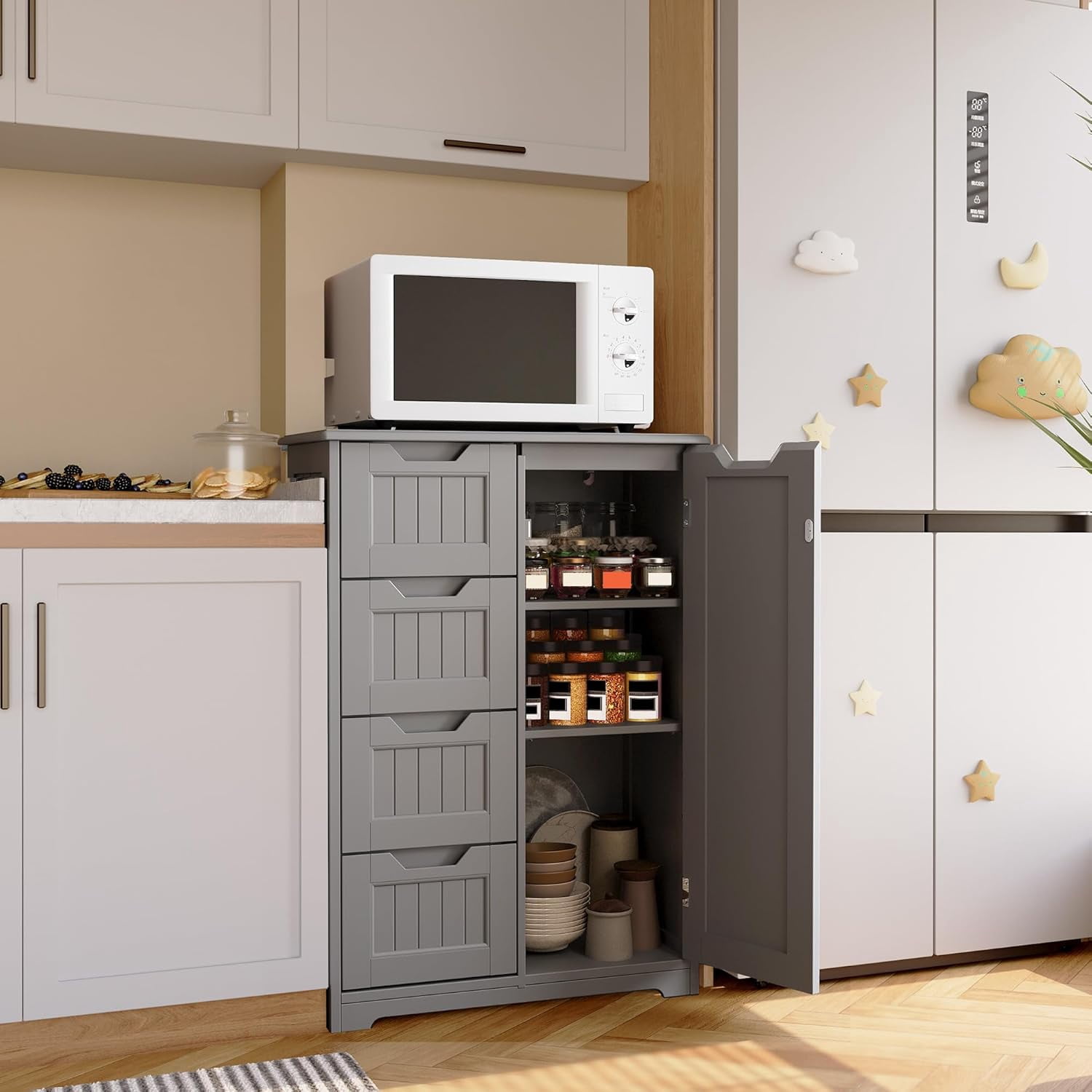 Short Pantry Storage Cabinet, Noelse 33'' Small Kitchen Pantry with 4 Drawers 3 Shelves and 1 door for Kitchen Dining Room and Bathroom, Gray