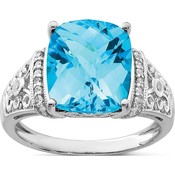 Sterling Silver Rhodium Checker-Cut Blue Topaz & Diam. Ring (Size 5) Made In Thailand qr3062bt-5