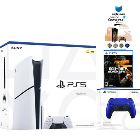 Sony PlayStation 5 Slim Disc PS5 with Call of Duty Black Ops 6, Extra Cobalt Blue Controller and MightySkins Voucher Bundle