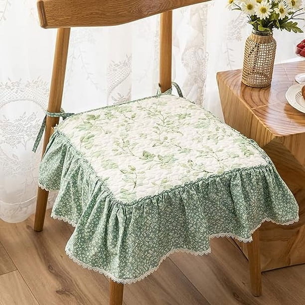 Nvzi Boho Ruffles Printed Chair Cushion with Ties Super Soft Cotton Kitchen Dining Chair Pad Leaf Pattern Non Slip Seat Cushion (Light Green,18x18)