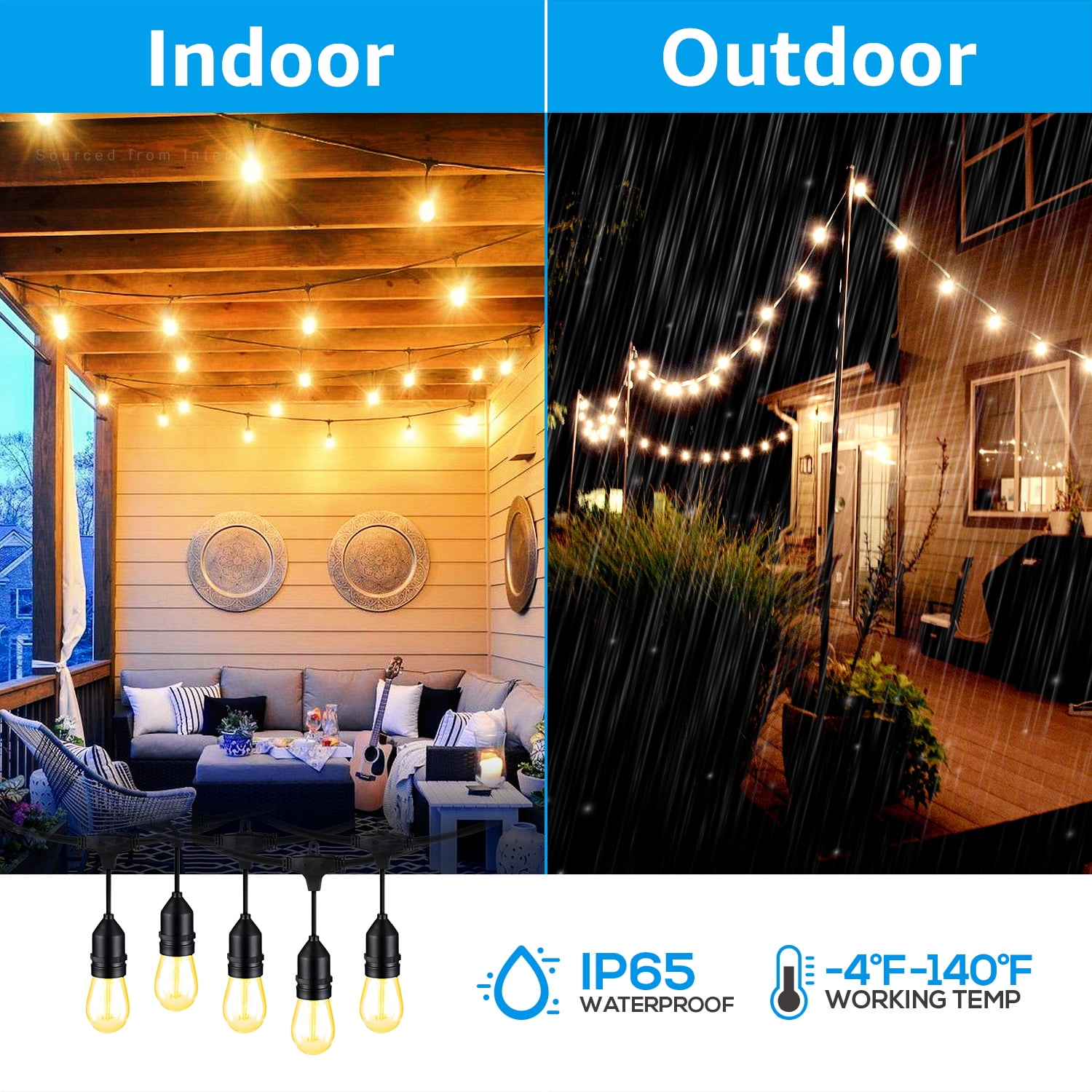 96ft Outdoor String Lights with 32 Bulbs, Shatterproof and Weather-Resistant Bulbs for Backyard and Patio