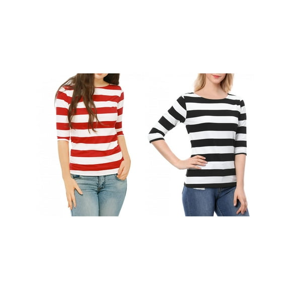 NOMADIC NOOK Women's 2 Packs Boat Neck Elbow Sleeves Slim Fit Stripes T-Shirt