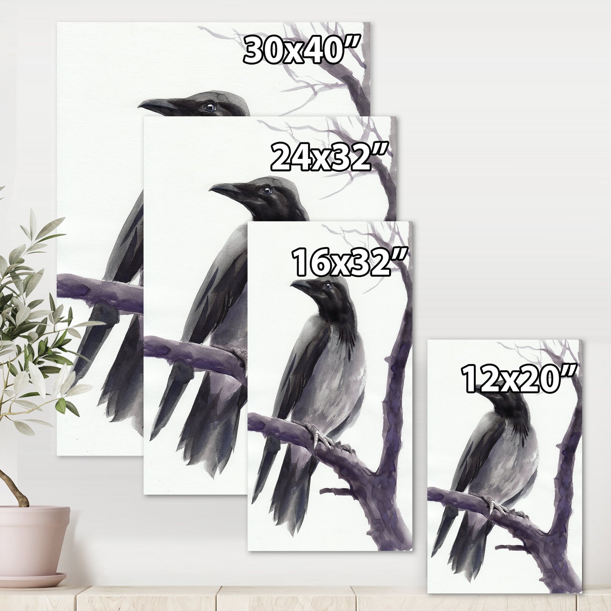 Designart ' Big Crow Sitting On A Branch ' Traditional Canvas Wall Art Print