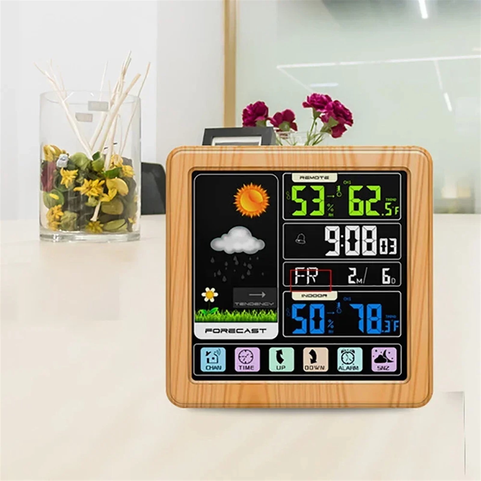Wooden Wireless Weather Station Alarm Clock Digital Thermometer Humidity Temperature Wireless Sensor Home TimeWatch Desktop ,High Precision