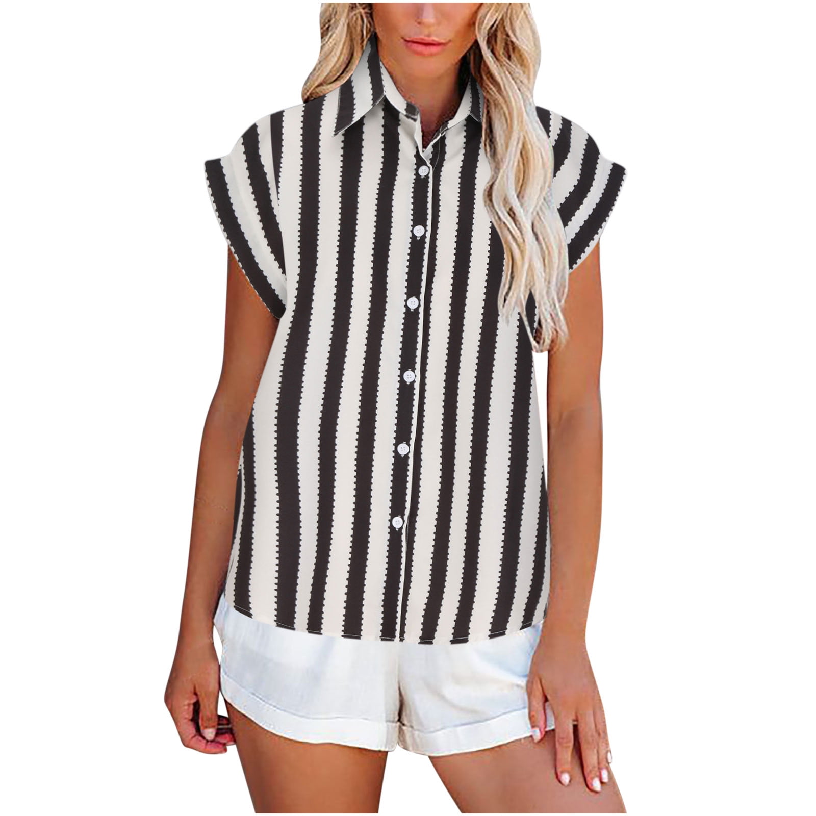 Womens summer tops Women's Tops Striped Printed Single Breasted Short  Sleeve Shirt Blouse Tops - Walmart.com