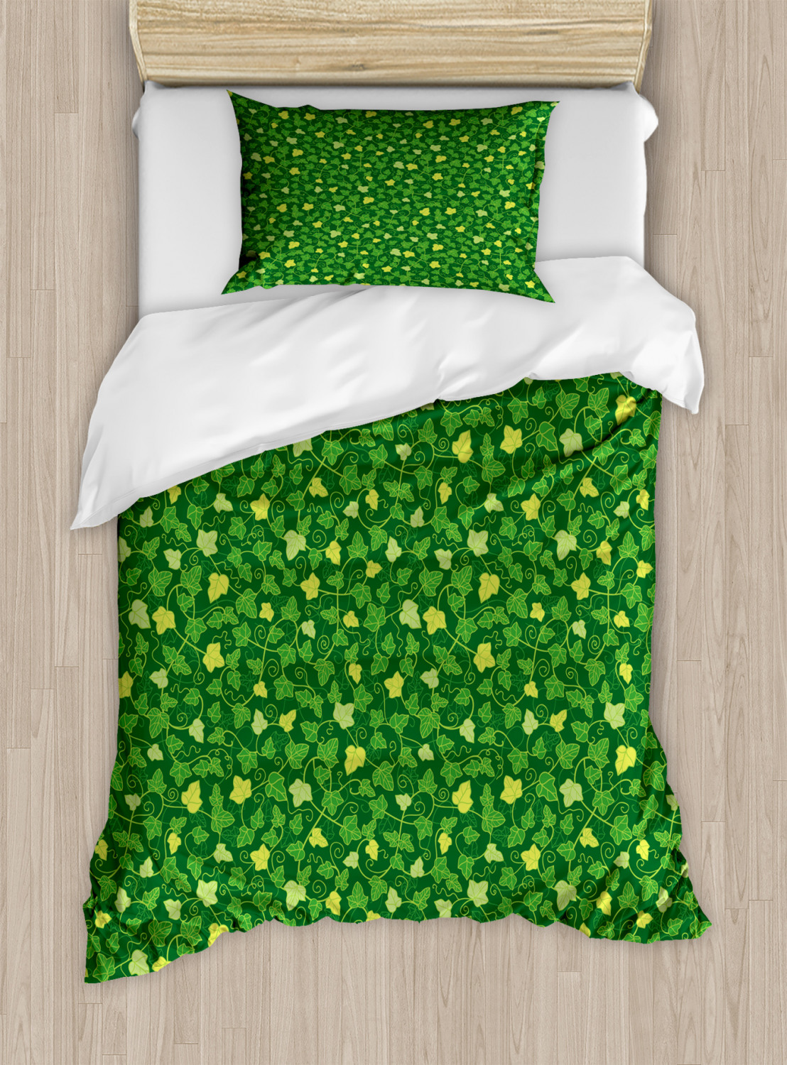 Abstract Green Duvet Cover Set, Cartoon Ivy Plants with Leaves Nature