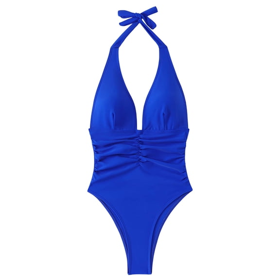 Uaswgudfs Women's Halter Deep V One Piece Swimsuit Backless Ruched Tummy Control High Cut Bathing Suit with Built-in Bra Pads Blue XL