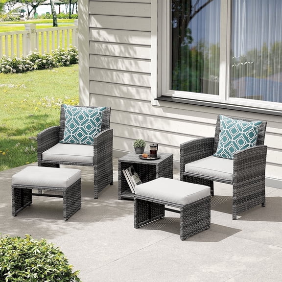JOIVI 5 Piece Patio Furniture Set, Outdoor Wicker Patio Set with Ottoman and Coffee Table, Pillows Included, White