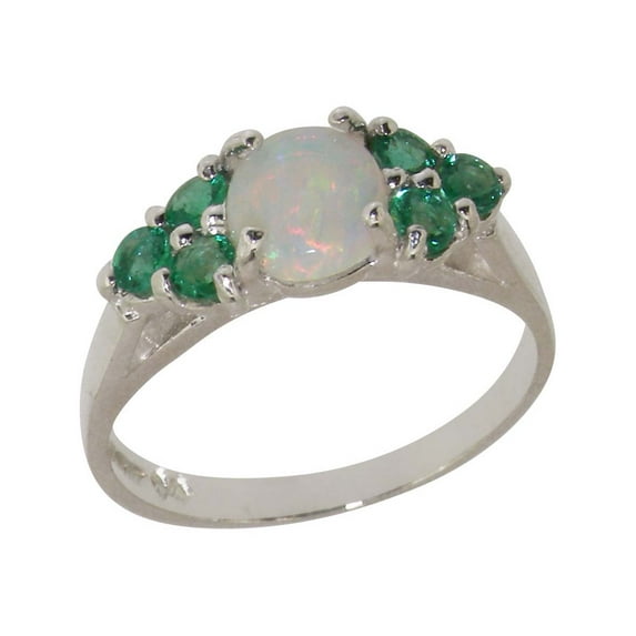 LBG British Made 10k White Gold Natural Opal & Emerald Womens Cluster Ring